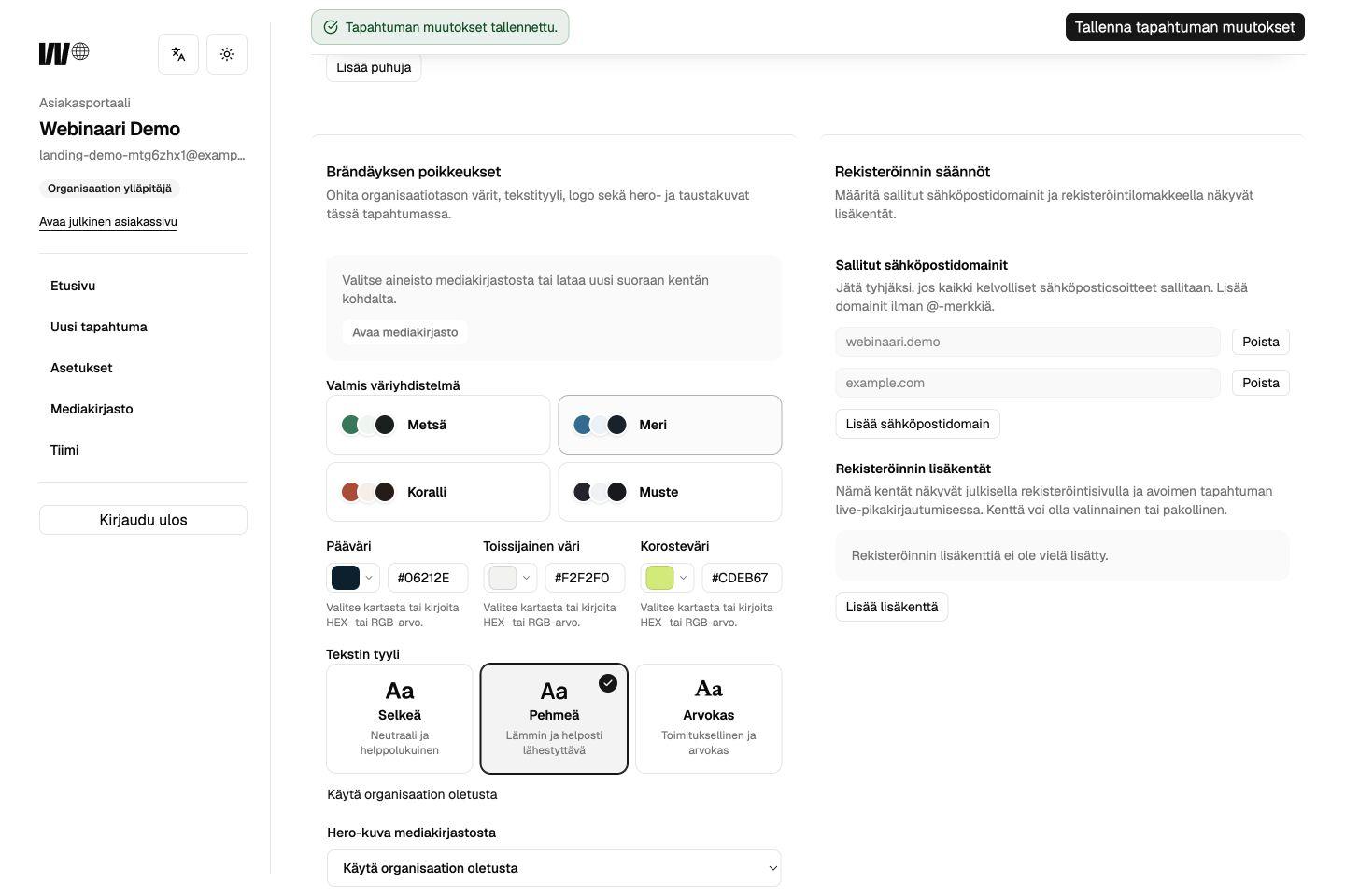 Registration and access settings in the Webinaari customer portal