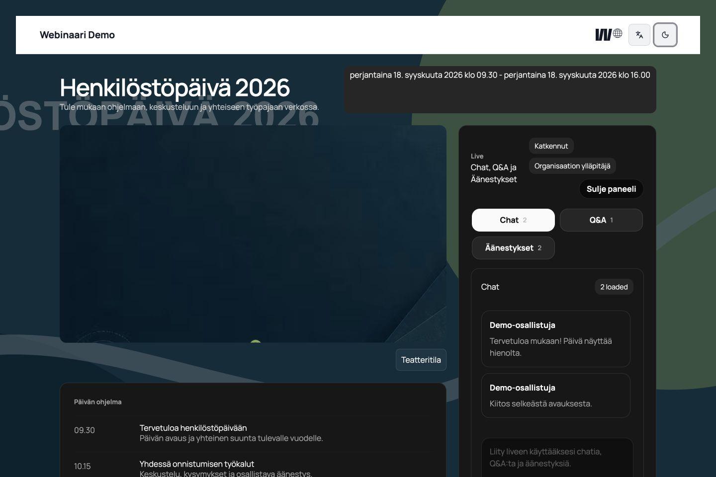 Webinaari attendee live view with the player and Chat tab open